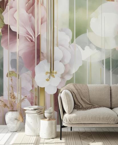 aanpasbare witte, roze en groene abstracte bloemenmuurschildering genaamd Architecture of Nature van Marina Stupakova aanpasbare witte, roze en groene abstracte bloemenmuurschildering genaamd Architecture of Nature van Marina Stupakova