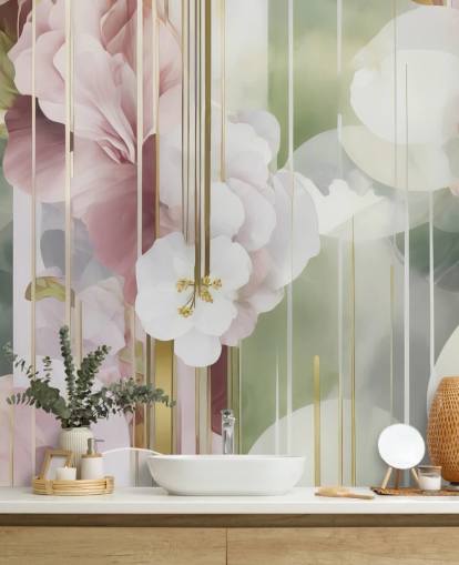 customisable white, pink and green abstract floral mural called Architecture of Nature by Marina Stupakova