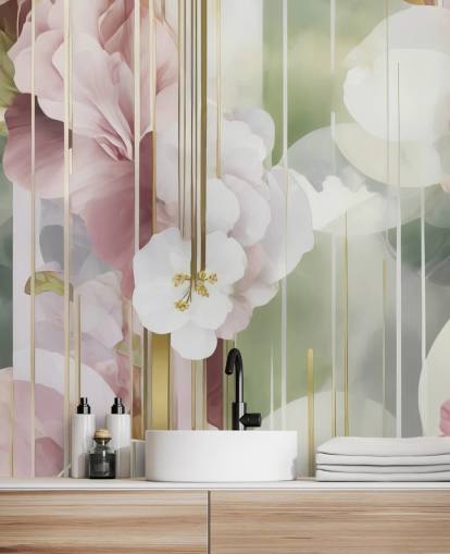 customisable white, pink and green abstract floral mural called Architecture of Nature by Marina Stupakova