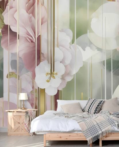 mural floral abstracto personalizable en blanco, rosa y verde llamado Architecture of Nature de Marina Stupakova mural floral abstracto personalizable en blanco, rosa y verde llamado Architecture of Nature de Marina Stupakova