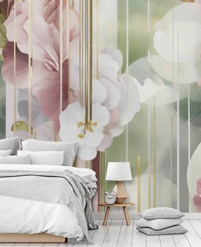 aanpasbare witte, roze en groene abstracte bloemenmuurschildering genaamd Architecture of Nature van Marina Stupakova