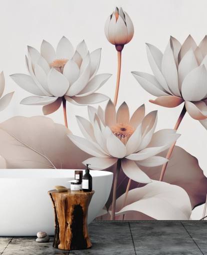 fersken og hvidt blomstermaleri kaldet Breath of Lotus Peach af Marina Stupakova til badeværelser, køkkener og hjemmekontorer