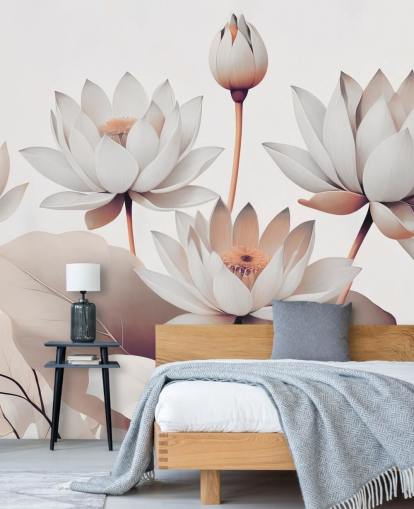 persika och vit blommig väggmålning som heter Breath of Lotus Peach av Marina Stupakova för badrum, kök och hemmakontor