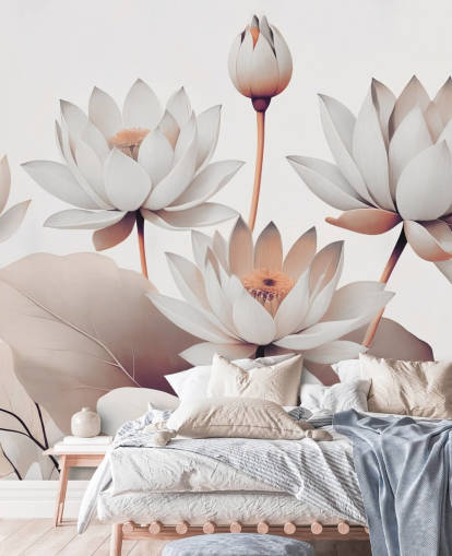 perzik-witte bloemenmuurschildering genaamd Breath of Lotus Peach van Marina Stupakova voor badkamers, keukens en thuiskantoren
