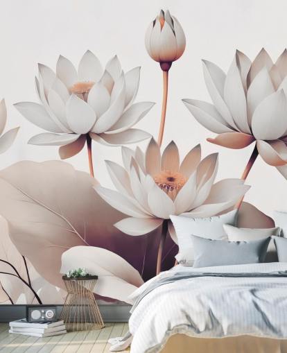 perzik-witte bloemenmuurschildering genaamd Breath of Lotus Peach van Marina Stupakova voor badkamers, keukens en thuiskantoren perzik-witte bloemenmuurschildering genaamd Breath of Lotus Peach van Marina Stupakova voor badkamers, keukens en thuiskantoren