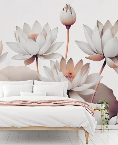 peinture murale florale pêche et blanc appelée Breath of Lotus Peach de Marina Stupakova pour les salles de bains, les cuisines et les bureaux à domicile