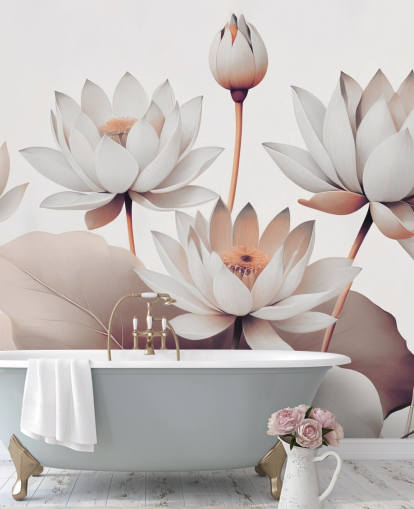 peinture murale florale pêche et blanc appelée Breath of Lotus Peach de Marina Stupakova pour les salles de bains, les cuisines et les bureaux à domicile