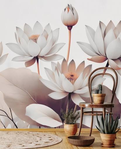 murale floreale color pesca e bianco chiamato Breath of Lotus Peach di Marina Stupakova per bagni, cucine e uffici domestici murale floreale color pesca e bianco chiamato Breath of Lotus Peach di Marina Stupakova per bagni, cucine e uffici domestici