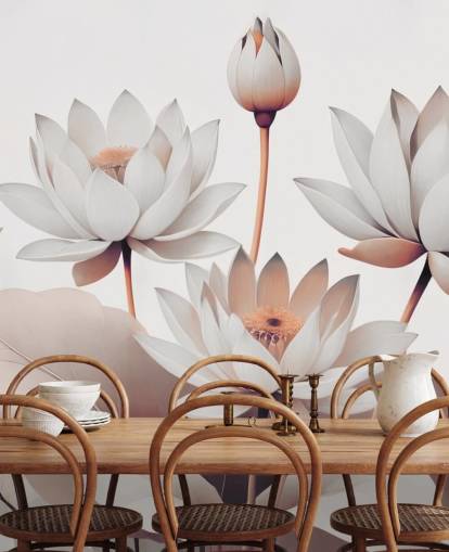 Marina Stupakovan persikka ja valkoinen kukka-seinämaalaus nimeltä Breath of Lotus Peach kylpyhuoneisiin, keittiöihin ja kotitoimistoihin Marina Stupakovan persikka ja valkoinen kukka-seinämaalaus nimeltä Breath of Lotus Peach kylpyhuoneisiin, keittiöihin ja kotitoimistoihin