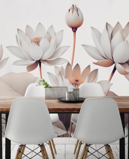 peach and white floral mural called Breath of Lotus Peach by Marina Stupakova for bathrooms, kitchens and home offices