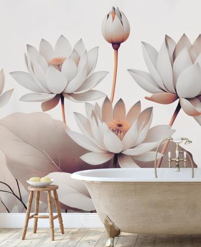 mural floral blanco y melocotón llamado Breath of Lotus Peach de Marina Stupakova para baños, cocinas y oficinas en casa mural floral blanco y melocotón llamado Breath of Lotus Peach de Marina Stupakova para baños, cocinas y oficinas en casa