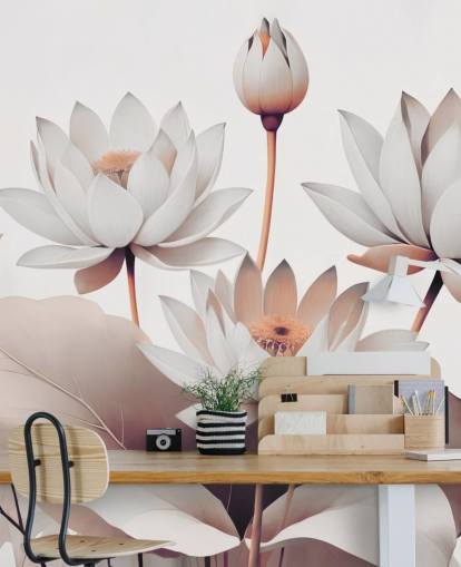peach and white floral mural called Breath of Lotus Peach by Marina Stupakova for bathrooms, kitchens and home offices