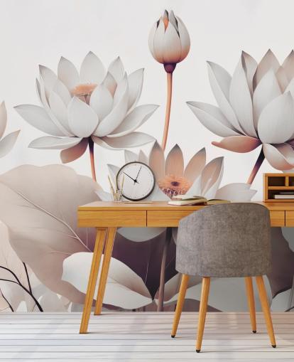 peach and white floral mural called Breath of Lotus Peach by Marina Stupakova for bathrooms, kitchens and home offices