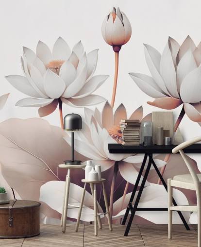 peach and white floral mural called Breath of Lotus Peach by Marina Stupakova for bathrooms, kitchens and home offices