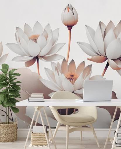 perzik-witte bloemenmuurschildering genaamd Breath of Lotus Peach van Marina Stupakova voor badkamers, keukens en thuiskantoren perzik-witte bloemenmuurschildering genaamd Breath of Lotus Peach van Marina Stupakova voor badkamers, keukens en thuiskantoren