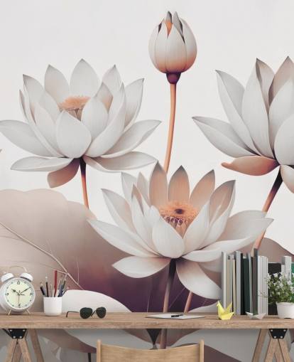 perzik-witte bloemenmuurschildering genaamd Breath of Lotus Peach van Marina Stupakova voor badkamers, keukens en thuiskantoren