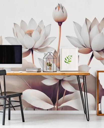 perzik-witte bloemenmuurschildering genaamd Breath of Lotus Peach van Marina Stupakova voor badkamers, keukens en thuiskantoren perzik-witte bloemenmuurschildering genaamd Breath of Lotus Peach van Marina Stupakova voor badkamers, keukens en thuiskantoren