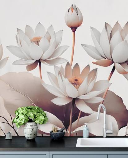 mural floral branco e pêssego chamado Breath of Lotus Peach de Marina Stupakova para banheiros, cozinhas e escritórios domésticos mural floral branco e pêssego chamado Breath of Lotus Peach de Marina Stupakova para banheiros, cozinhas e escritórios domésticos