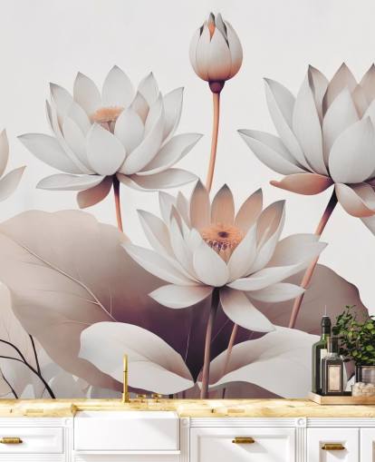 persika och vit blommig väggmålning som heter Breath of Lotus Peach av Marina Stupakova för badrum, kök och hemmakontor