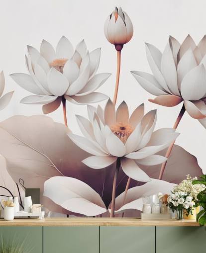 Marina Stupakovan persikka ja valkoinen kukka-seinämaalaus nimeltä Breath of Lotus Peach kylpyhuoneisiin, keittiöihin ja kotitoimistoihin Marina Stupakovan persikka ja valkoinen kukka-seinämaalaus nimeltä Breath of Lotus Peach kylpyhuoneisiin, keittiöihin ja kotitoimistoihin