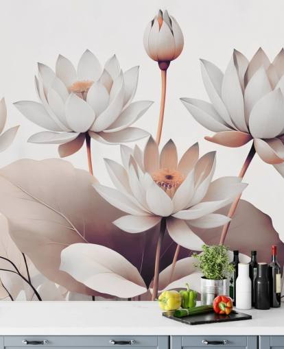 fersken og hvitt blomstermaleri kalt Breath of Lotus Peach av Marina Stupakova for bad, kjøkken og hjemmekontorer