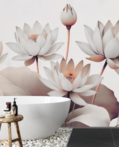 pfirsichfarbenes und weißes Blumengemälde namens Breath of Lotus Peach von Marina Stupakova für Badezimmer, Küchen und Heimbüros