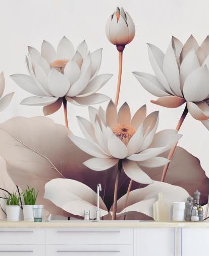perzik-witte bloemenmuurschildering genaamd Breath of Lotus Peach van Marina Stupakova voor badkamers, keukens en thuiskantoren perzik-witte bloemenmuurschildering genaamd Breath of Lotus Peach van Marina Stupakova voor badkamers, keukens en thuiskantoren