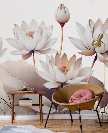 peach and white floral mural called Breath of Lotus Peach by Marina Stupakova for bathrooms, kitchens and home offices