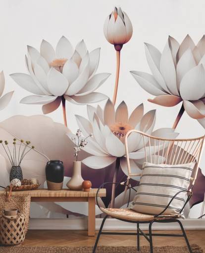 peinture murale florale pêche et blanc appelée Breath of Lotus Peach de Marina Stupakova pour les salles de bains, les cuisines et les bureaux à domicile