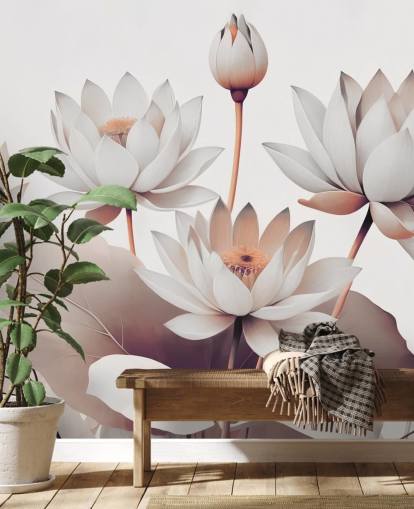 peach and white floral mural called Breath of Lotus Peach by Marina Stupakova for bathrooms, kitchens and home offices