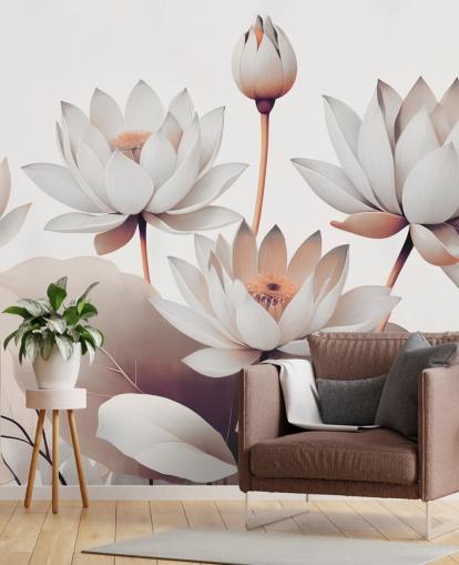 pfirsichfarbenes und weißes Blumengemälde namens Breath of Lotus Peach von Marina Stupakova für Badezimmer, Küchen und Heimbüros