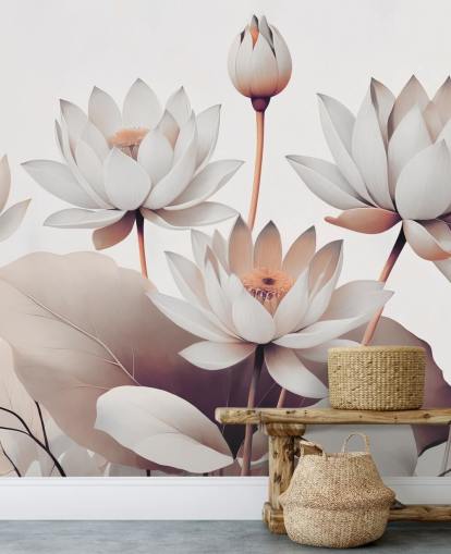 mural floral branco e pêssego chamado Breath of Lotus Peach de Marina Stupakova para banheiros, cozinhas e escritórios domésticos mural floral branco e pêssego chamado Breath of Lotus Peach de Marina Stupakova para banheiros, cozinhas e escritórios domésticos