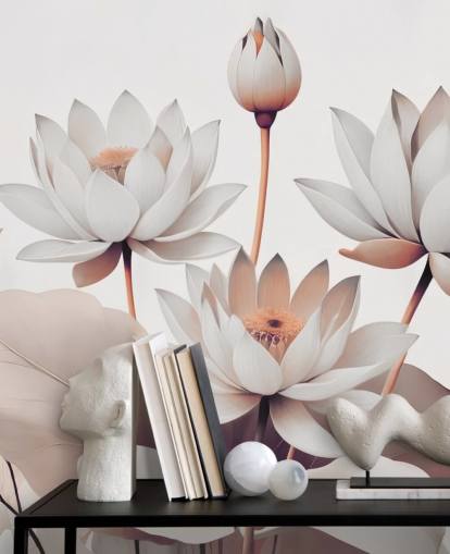 peach and white floral mural called Breath of Lotus Peach by Marina Stupakova for bathrooms, kitchens and home offices