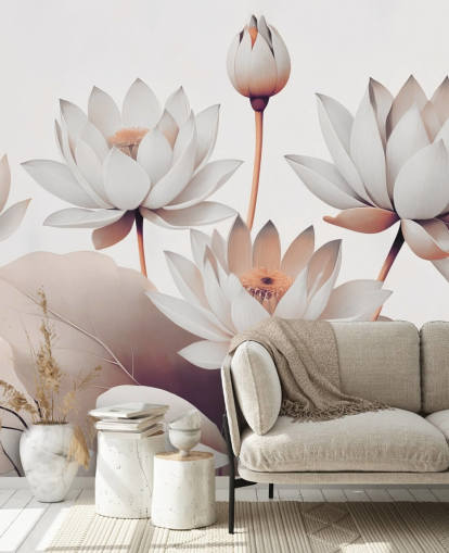 peach and white floral mural called Breath of Lotus Peach by Marina Stupakova for bathrooms, kitchens and home offices