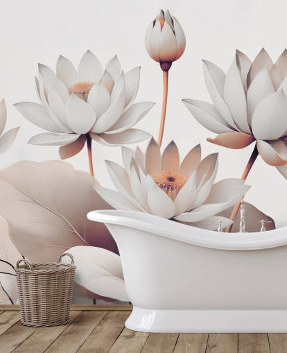 peach and white floral mural called Breath of Lotus Peach by Marina Stupakova for bathrooms, kitchens and home offices