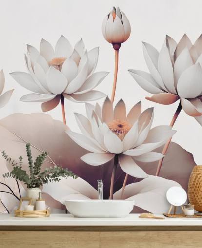 mural floral blanco y melocotón llamado Breath of Lotus Peach de Marina Stupakova para baños, cocinas y oficinas en casa