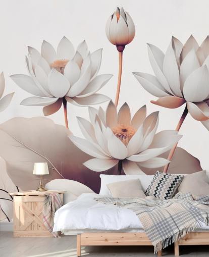 peinture murale florale pêche et blanc appelée Breath of Lotus Peach de Marina Stupakova pour les salles de bains, les cuisines et les bureaux à domicile