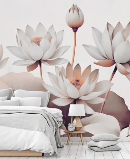 persika och vit blommig väggmålning som heter Breath of Lotus Peach av Marina Stupakova för badrum, kök och hemmakontor persika och vit blommig väggmålning som heter Breath of Lotus Peach av Marina Stupakova för badrum, kök och hemmakontor
