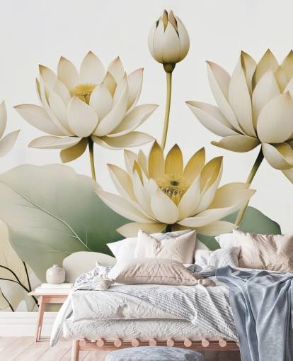 yellow, white and green calming floral mural called Breath of Lotus Yellow by Marina Stupakova