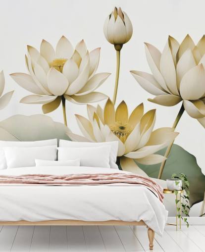 gult, hvitt og grønt beroligende blomstermaleri kalt Breath of Lotus Yellow av Marina Stupakova