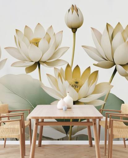 murale floreale rilassante giallo, bianco e verde chiamato Breath of Lotus Yellow di Marina Stupakova