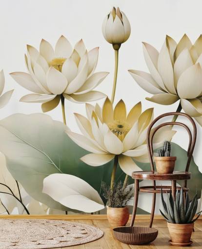 gul, vit och grön lugnande blommig väggmålning som heter Breath of Lotus Yellow av Marina Stupakova