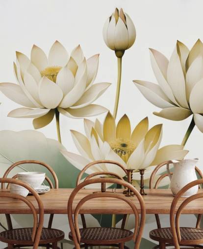 gele, witte en groene kalmerende bloemenmuurschildering genaamd Breath of Lotus Yellow van Marina Stupakova