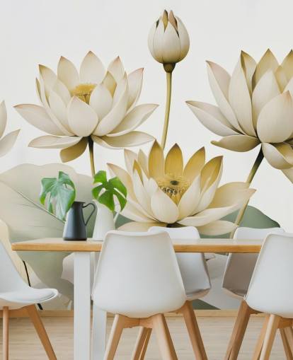 gult, hvitt og grønt beroligende blomstermaleri kalt Breath of Lotus Yellow av Marina Stupakova