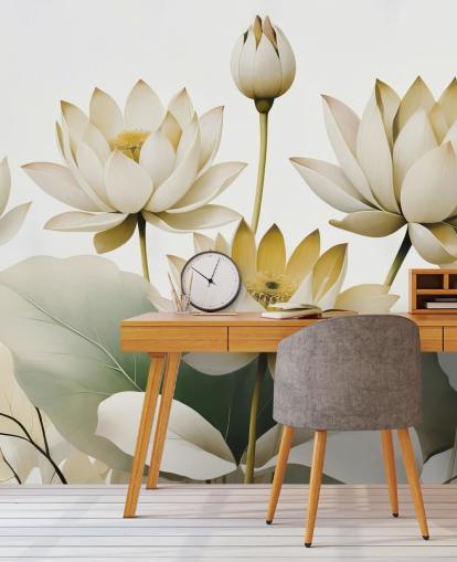 yellow, white and green calming floral mural called Breath of Lotus Yellow by Marina Stupakova