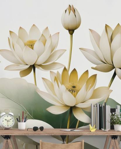 peinture murale florale apaisante jaune, blanche et verte appelée Breath of Lotus Yellow par Marina Stupakova