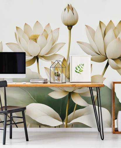 gul, vit och grön lugnande blommig väggmålning som heter Breath of Lotus Yellow av Marina Stupakova