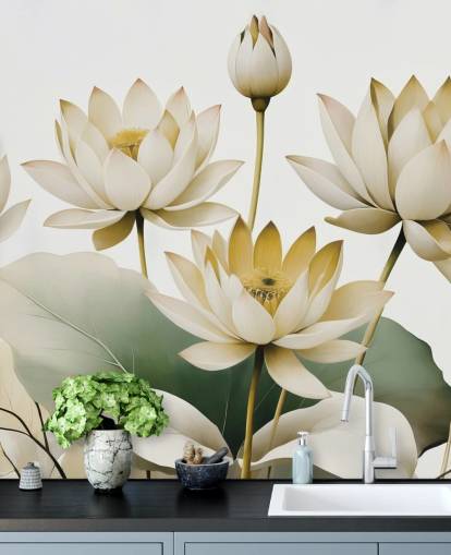gele, witte en groene kalmerende bloemenmuurschildering genaamd Breath of Lotus Yellow van Marina Stupakova gele, witte en groene kalmerende bloemenmuurschildering genaamd Breath of Lotus Yellow van Marina Stupakova