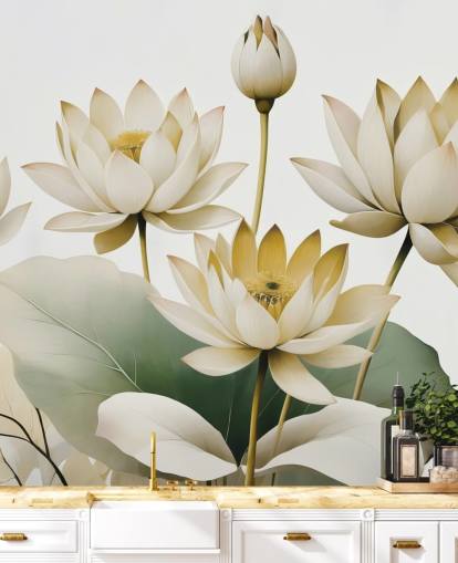yellow, white and green calming floral mural called Breath of Lotus Yellow by Marina Stupakova yellow, white and green calming floral mural called Breath of Lotus Yellow by Marina Stupakova