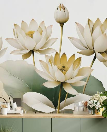 yellow, white and green calming floral mural called Breath of Lotus Yellow by Marina Stupakova